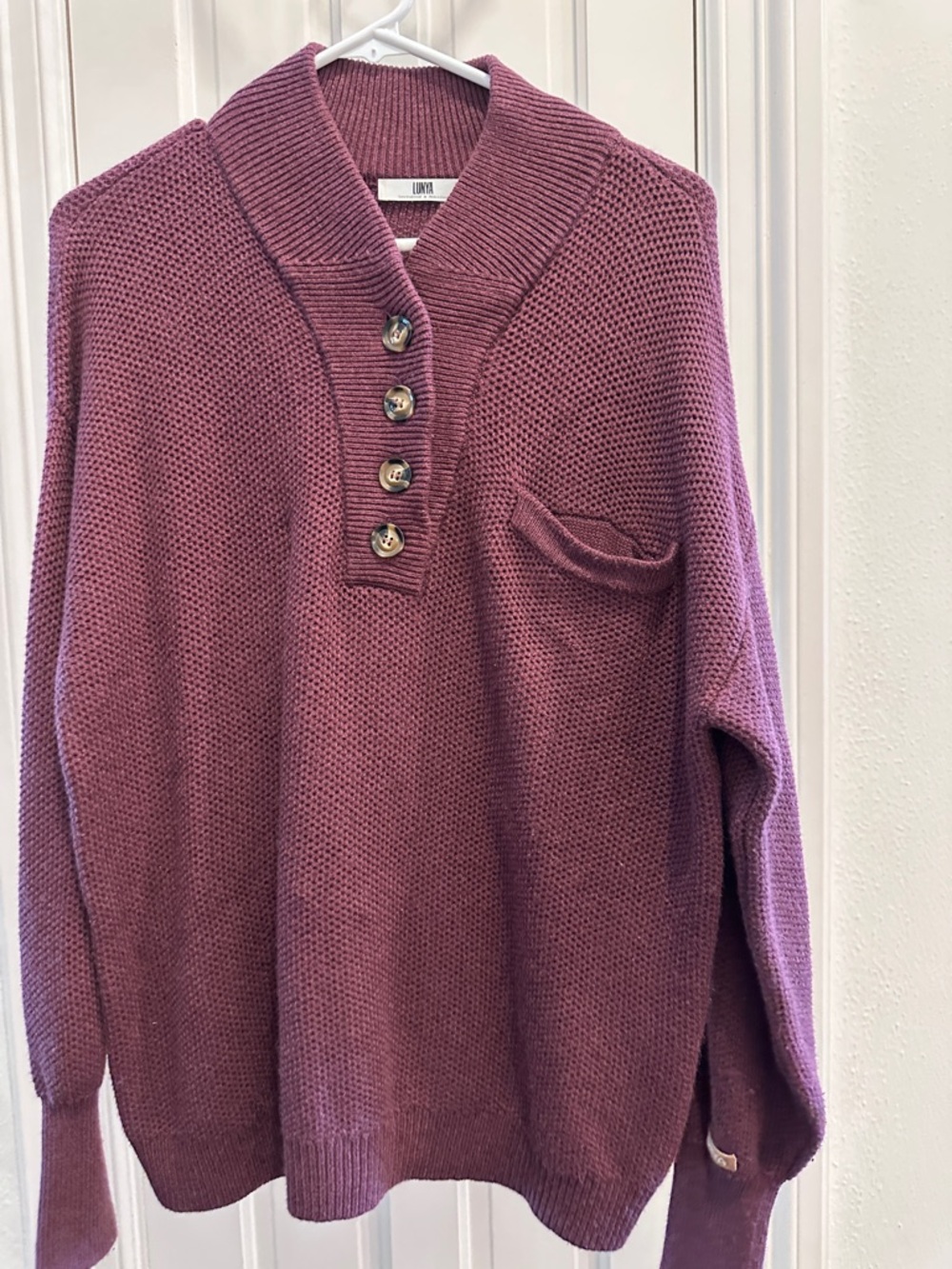 lunya Mauve Button Shawl-Collar Knit Sweater